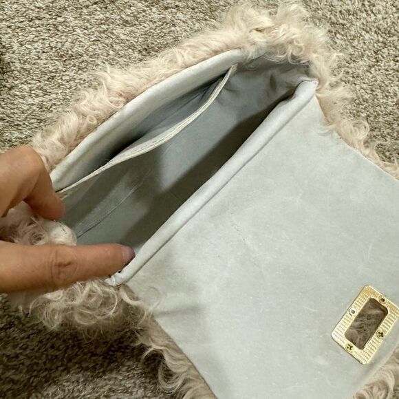 Beige Genuine Curly Shearling Top Handle & Fold Over Flap Purse, Crossbody - Picture 13 of 13
